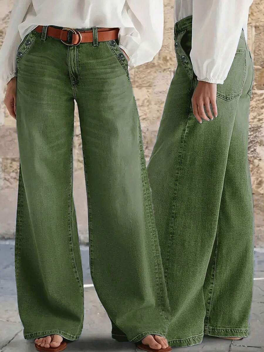 New Women's Loose Fit Wide Leg Casual Washed Denim Jeans - Green, High Quality Jeans Spring - Army Green - View 1