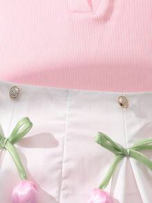 2pcs/Set Fashionable Solid Color Collar Knit Sleeveless Top + Solid Color Button Bow Floral Decor Loose Shorts, Casual Daily Wear For Teenage Girls In Summer - Pink - View 7