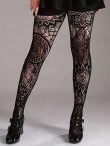 Retro Tattoo Sexy Black Hollow Pattern Jacquard Stirrup Tights, Fishnet Pantyhose For Women - Black - View 2