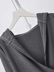 Cross V-Neck Long Sleeve Hoodie T-Shirt, Fitted & Slimming, Zipper Front - Grey - View 8