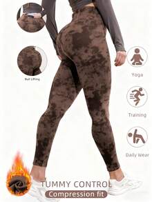 Women's High Waisted Yoga Sports Leggings, Fashionable Women's Sports Leggings, Sports Pants. Back Waist Pocket Design, Sporty Tie Dye High Waisted Sports Leggings, Suitable For Yoga Women's Pants - Màu nâu  Mocha - Xem 7