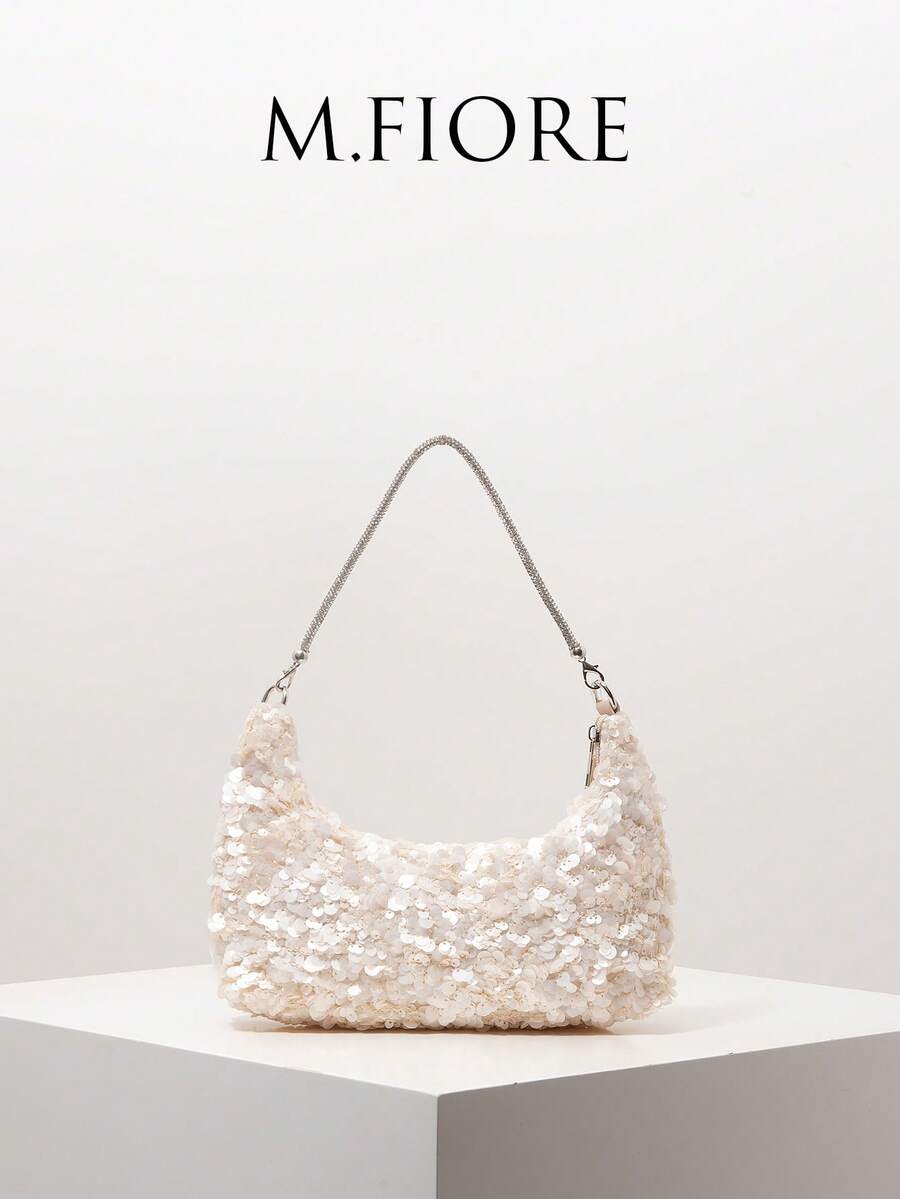 Bolso de hombro con lentejuelas, elegante bolso de mano para dama, adecuado para eventos, fiestas, bailes de graduación, bodas, regalo para mujer (patrón aleatorio) - Beis - Ver 1