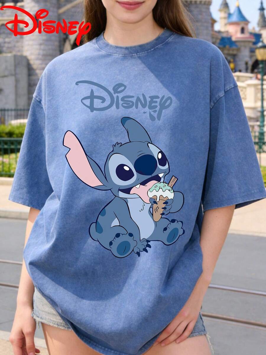 Disney Stitch Print Pattern, Summer Washed Short Sleeved Solid Color Small Round Neck Retro Versatile Outfit - 藍色 - 查看 1