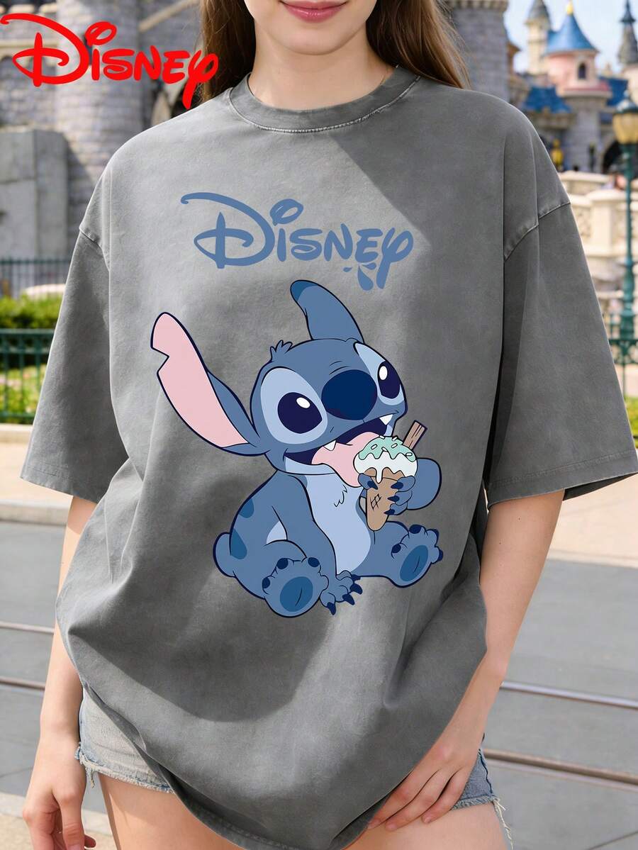 Disney Stitch Print Pattern, Summer Washed Short Sleeved Solid Color Small Round Neck Retro Versatile Outfit - 灰色 - 查看 1