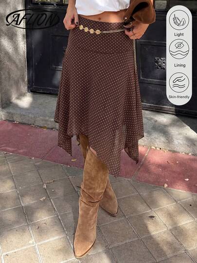 Aflion Women's Brown & White Polka Dot Asymmetric Hem Midi Dress - Fashionable French Retro Style, Suitable For Casual, Date, Beach Vacation Wear In Summer