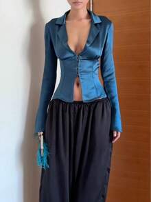 Women's Solid Color Cady Front Button Vintage Long Sleeve Cinched Waist Top, Suitable For Country Music Concerts And Daily Wear, Spring & Summer - Navy Blue - View 6