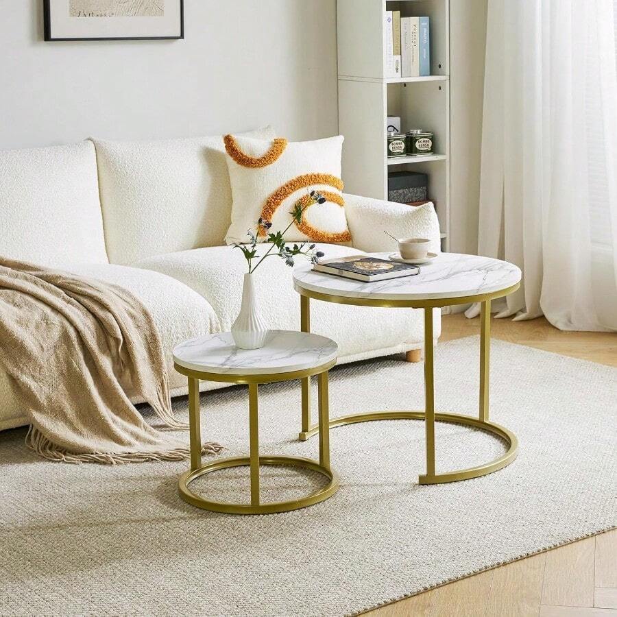 Juego de 2 Mesas de Centro Redondas para Sala, Estructura Metálica Resistente, Acabado de Mármol Decorativo, Ideal para Salón, Oficina y Balcón, Color Blanco - por defecto - Ver 1