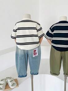 Young Boy Striped & Letter Print Short Sleeve T-Shirt, Casual Summer - Black and White - View 2