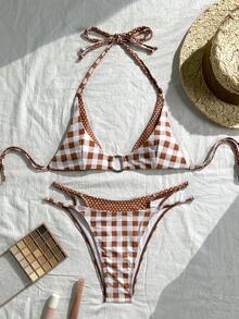 两件套菱形豹纹印花休闲可爱优雅性感波西米亚双层腰带比基尼泳衣，适合海滩度假旅行、春夏假期 - 棕色 - 查看 2