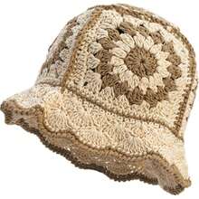 Women Crochet Bucket Hat Knit Handmade Foldable Beach Hat Cute Hand Woven Fishing Hat - Màu xanh lam - Xem 7