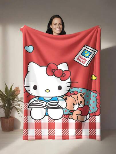 SANRIO 这是一款主题法兰绒毯。毯子以红白格子图案为底色，整体风格温暖可爱，充满童趣。醒目的卡通人物配色便于识别，同时兼具美观、保暖和柔软的特点。可用作沙发毯、午睡毯或床饰。