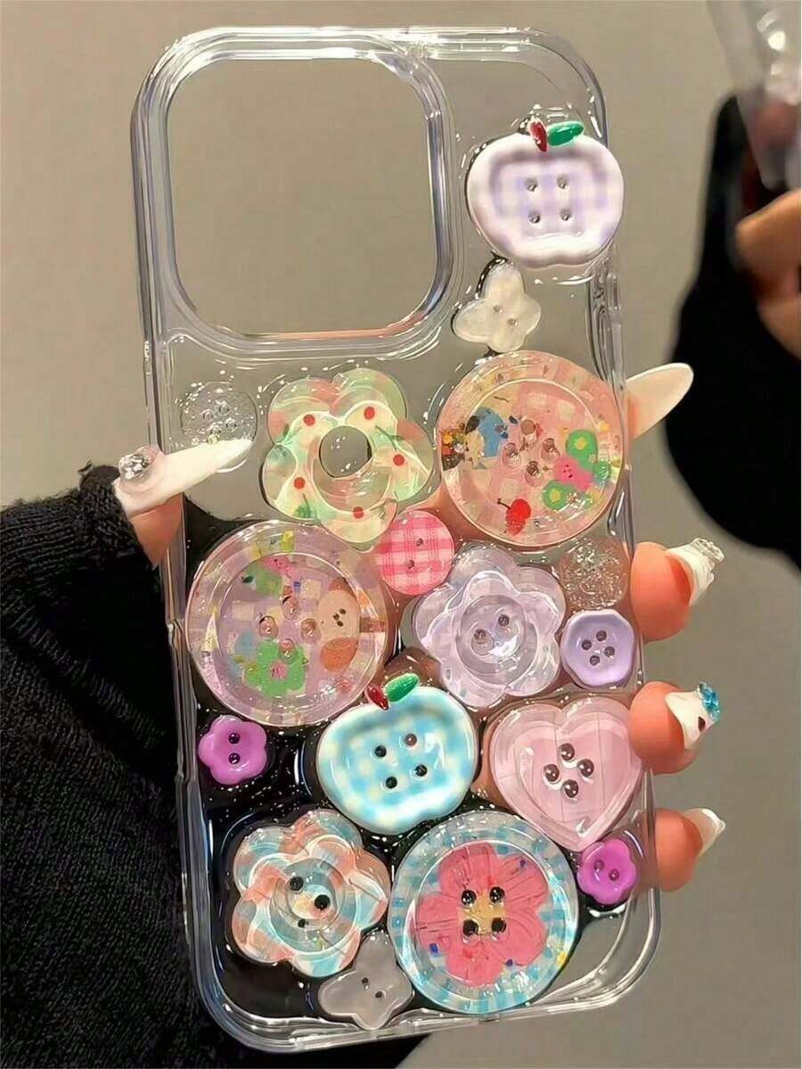 Cute 3D Button Plaid Transparent Epoxy Resin Soft Phone, Suitable 16/15/14/13 Pro/17/17 Pro/17 Pro, Fashionable Cute Girly Shock-Proof Back Cover - Thông thoáng - Xem 1