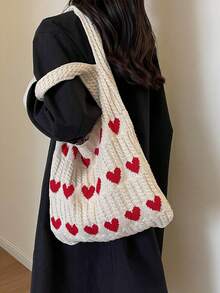 Heart Pattern Knitted Casual Daily Shoulder Bag, Fashionable Matching Crossbody Bag For Women - Multicolor - View 3