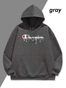 Men Graphic Hoodies | Champion Logo With Drip Effect Men's Fashion Hoodie | Fleece Lined Fabric, Winter Warm Hooded Sweatshirt | Gift For Husband/Boyfriend | Unisex - 灰色 - 查看 1