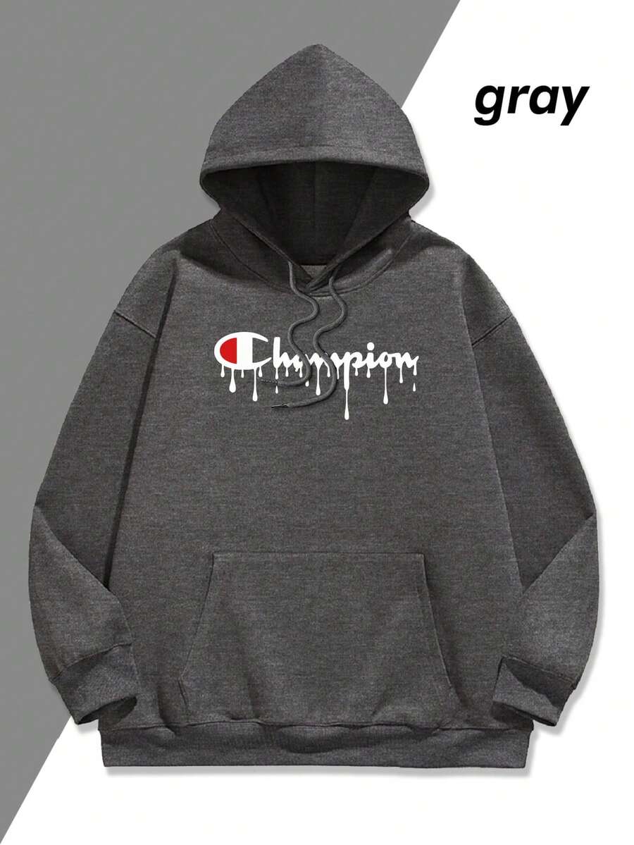 Men Graphic Hoodies | Champion Logo With Drip Effect Men's Fashion Hoodie | Fleece Lined Fabric, Winter Warm Hooded Sweatshirt | Gift For Husband/Boyfriend | Unisex - 灰色 - 查看 1