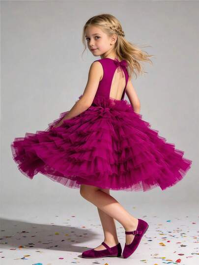 Young Girl Sleeveless Bow Tulle Backless Party Princess Dress, Suitable For Little Girls' Birthday Party, Prom, Pageant, Flower Girl, Bridesmaid, Wedding, Holiday Celebration