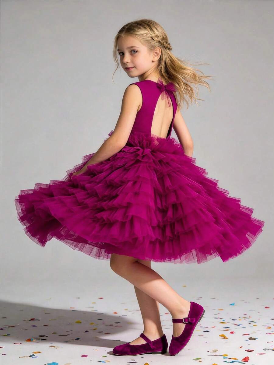 Vestido de princesa sin mangas con lazo y tul sin espalda para niñas pequeñas, adecuado para fiestas de cumpleaños, bailes de graduación, concursos de belleza, niñas de las flores, damas de honor, bodas y celebraciones festivas - Rosa Fucsia - Ver 1