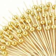 [200pcs/100pcs/50pcs/20pcs/10pcs] Disposable Wooden Bamboo Skewers, Suitable For Kitchen, Restaurant, Fruit Salad, Wedding, Party, Round Bead Design, Available In Gold/Pink/White - Gold - View 1