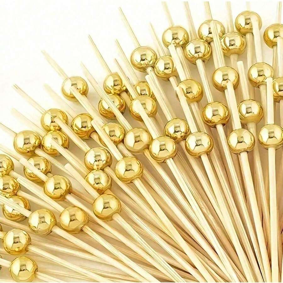 [200pcs/100pcs/50pcs/20pcs/10pcs] Disposable Wooden Bamboo Skewers, Suitable For Kitchen, Restaurant, Fruit Salad, Wedding, Party, Round Bead Design, Available In Gold/Pink/White - Gold - View 1