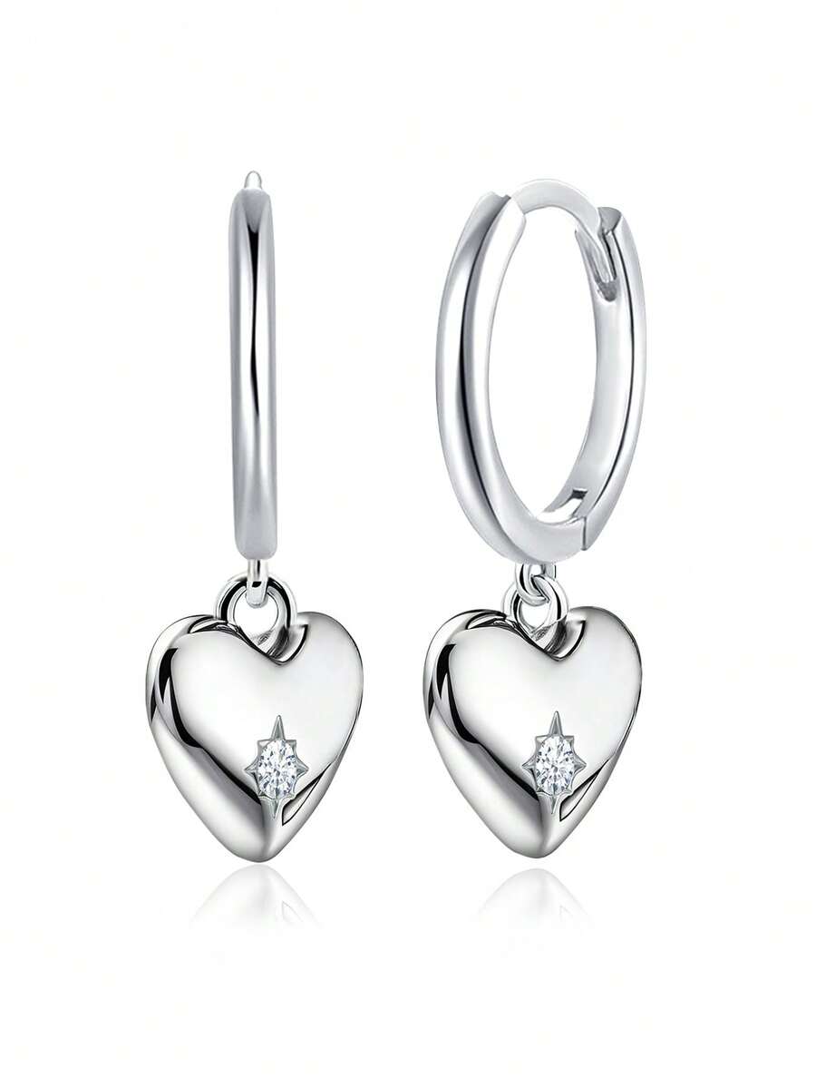 Bông tai bạc 925, bông tai tối giản, bông tai nhỏ nhắn, bông tai mặt dây chuyền hình trái tim, bông tai đính đá Cubic Zirconia, bông tai dạng vòng, thích hợp để đeo hàng ngày, quà tặng sinh nhật. - Bạc - Xem 1