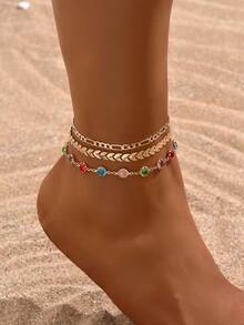 Set de 3 piezas de tobillera con cadena en forma de V y cristales, joyería de moda para pies con estilo bohemio para playa y vacaciones para niñas - Multicolor - Ver 5