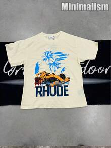 (4year) Rhude "Grand Prix Miami" Shirt,100% Cotton Printed T-Shirt,Stylish Design, Men's Graphic T-Shirt, Minimalist Design, Vintage Casual Style, Hip-Hop Style. Suitable For Outdoor Leisure Activities, Family Gatherings, And Dinners With Friends. - 杏色3 - 查看 1