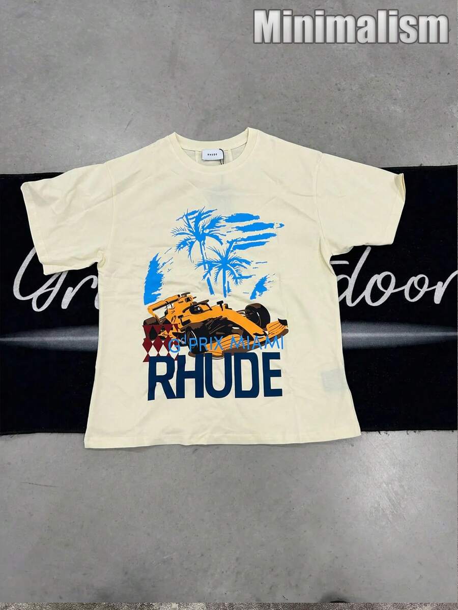 (4year) Rhude "Grand Prix Miami" Shirt,100% Cotton Printed T-Shirt,Stylish Design, Men's Graphic T-Shirt, Minimalist Design, Vintage Casual Style, Hip-Hop Style. Suitable For Outdoor Leisure Activities, Family Gatherings, And Dinners With Friends. - 杏色3 - 查看 1