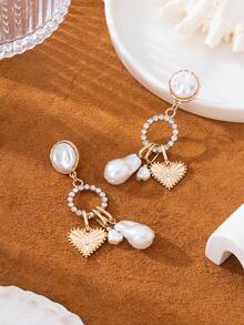 一对时尚水钻仿珍珠心形吊坠耳环，适合女士参加派对、聚会、日常佩戴，百搭礼物。 - 金黃色 - 查看 5