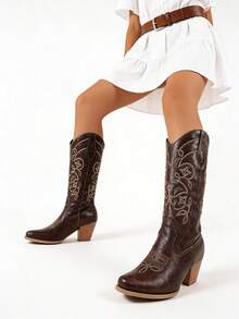 Cowboy Boots For Women, Brown Western Style Fashion Pointed Toe Embroidered Chunky Heel Slip-On Boots, Autumn/Winter - Dark Brown - View 2