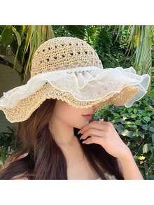 1pc New Summer Beach Vacation Style Sun Hat For Women, Lace Straw Hat, Sun Protection, Breathable Bucket Hat - Multicolor - View 5