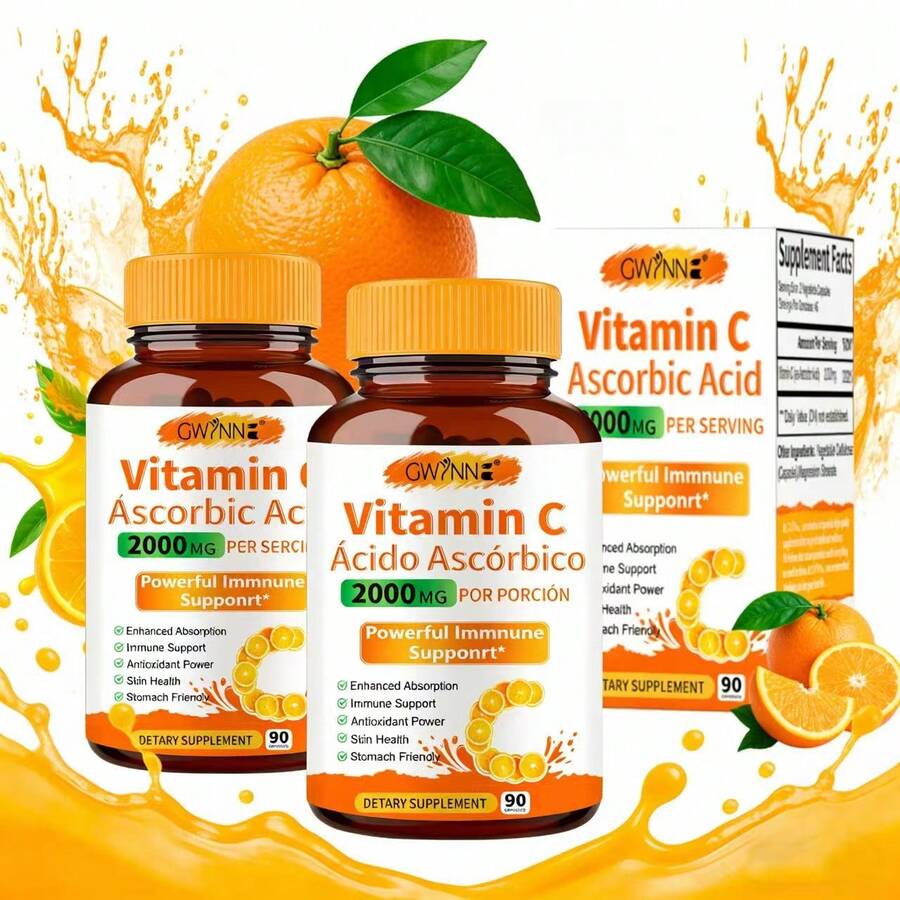 2pcs Gwynne Ácido Ascórbico Puro De Vitamina C 2000mg,90 Cápsulas,formas Solubles En Grasa Y Agua Altamente Biodisponibles,antioxidante Y Suplemento De Apoyo Inmunológico - 2 piezas - Ver 1