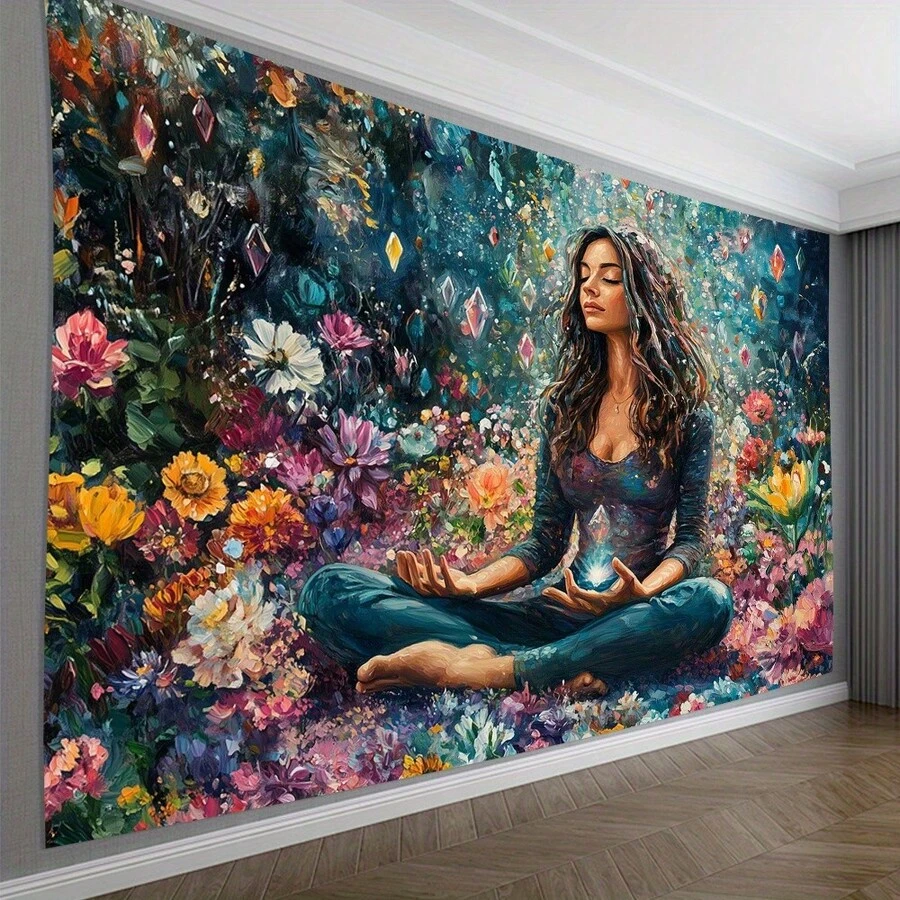 1pc Glam Style Polyester Meditation Tapestry - Large Wall Hanging Decor For Living Room, Bedroom, Office, And Party - No Electricity Or Feathers Required - Ideal Creative Gift - White - View 1