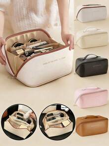 PU Leather Cosmetic Bag, Lightweight Toiletry Organizer, Convenient Handheld Makeup Bag, Multi-Functional Travel Storage Bag, Large Capacity Double-Layer Cosmetic Bag, Makeup Organizer Bag, Cosmetic Storage Pouch - Multicolor - View 1