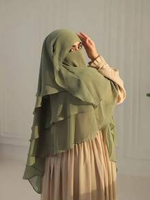 1件装女士穆斯林三层雪纺头巾，不对称面纱，纯色时尚优雅穆斯林雪纺围巾披肩，适合穆斯林日常穿着和祈祷。 - 三層雪紡面紗頭套 - 查看 19