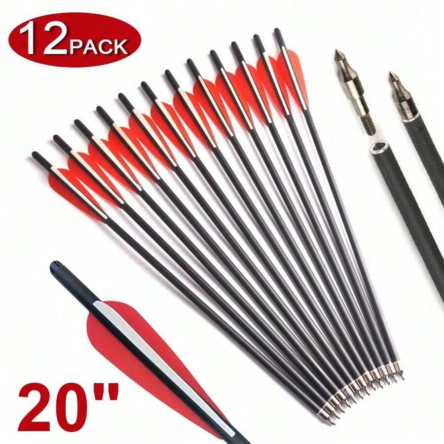 12Pcs Crossbow Bolts Carbon Arrows 20 Inch Hunting Archery Crossbow Arrows With Half Moon Nocks 125 Grain Removable Tips - Red - View 1