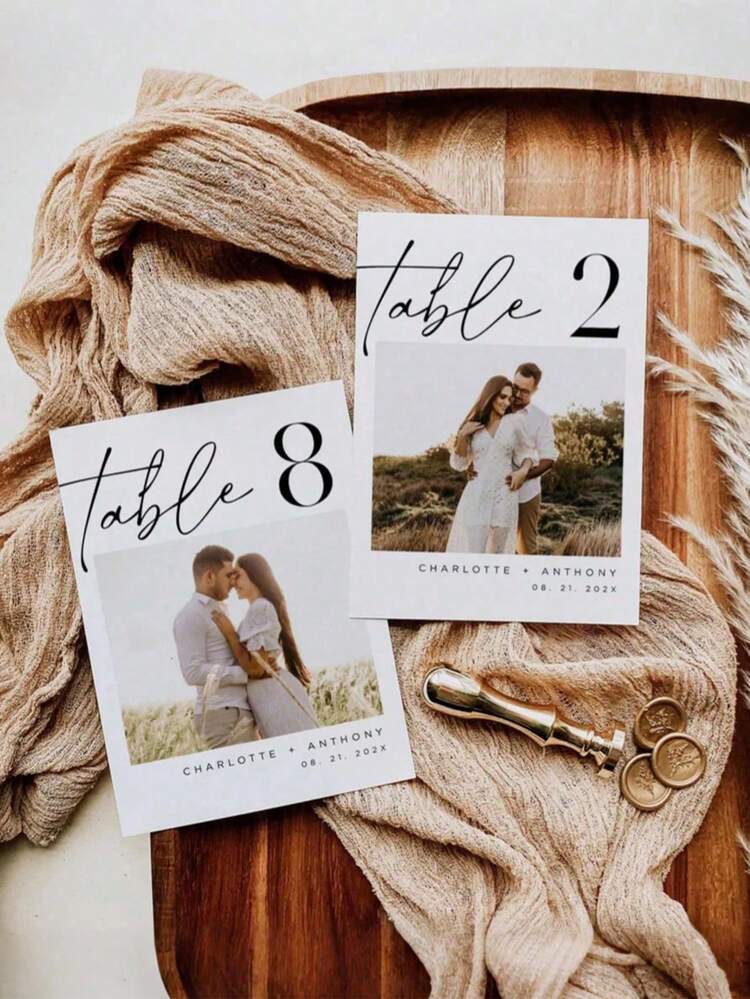 1/2/3pcs Personalized Floral Photo Table Number Cards, Customized Wedding Photo Table Numbers, Modern Boho Style Wedding Table Numbers (With Wedding Logo), Party Table Numbers, Wedding Supplies, Wedding Decorations, Home Decor, Room Decor, Party Favors, Bridal Shower, Graduation Birthday Decorations - Multicolor - View 4