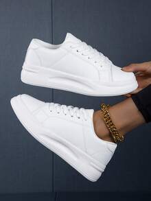 Women's Round Toe Lace-Up Soft Bottom Sneakers, Casual College Style Versatile Lightweight Comfortable White Shoes - White - View 2