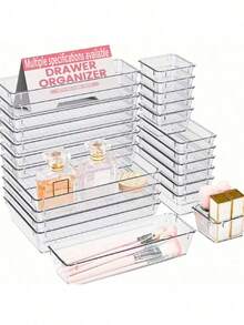 Set de 7/11/12/18/24 piezas, Organizador de maquillaje con cajones, Juego de cajas de almacenamiento con cajones transparentes, 4 bandejas de diferentes tamaños, Caja de almacenamiento multifuncional, Puede almacenar cosméticos, ropa, papelería, electrónicos, vajilla, Adecuado para tocador, cocina, cajones de oficina - transparente - Ver 3