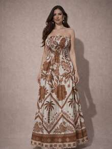 Women's Strapless Boho Print Long Dress With High Waist, Summer Beach Style, Elegant 2026 - Rỉ Nâu - Xem 4