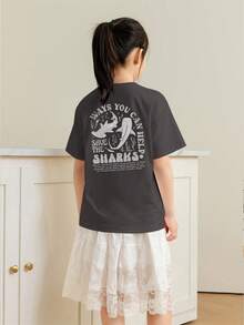 Áo thun tay ngắn cổ tròn in họa tiết thường ngày màu xám đậm cho bé gái tuổi mới lớn, áo mùa hè - Màu xám đen - Xem 2