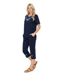Women Short Sleeves Embroidered Cotton Blend Lounge Wear  Sets - 海軍 - 查看 2