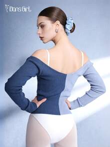 DonsGirl 1 Buah Atasan Rajut Lengan Panjang Balletcore Wanita dengan Blok Warna, Sweater Dua Warna Tanpa Bahu, Pullover Pemanasan untuk Latihan Tari & Pakaian Kasual Sehari-hari - Dusty Blue - View 6