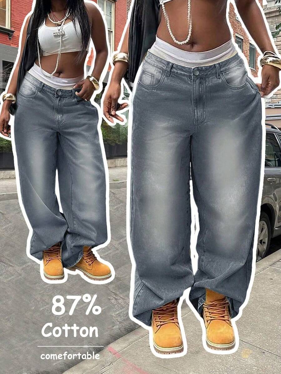 Women's Y2K Washed Vintage Wide Leg Jeans, Casual Vacation Style Spring - Gray - View 1