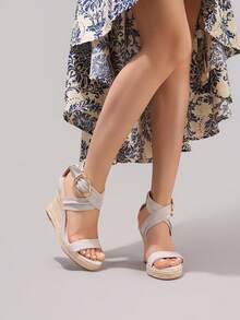 绳编厚底露趾优雅高跟凉鞋，女士度假休闲日常时尚麂皮鞋 - 藍色 - 查看 6