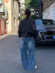 Stylish Loose High Waist Slimming Wide Leg Jeans For Women Casual - Blue - View 5