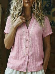 Women's Regular Length Pink V-Neck Button Front Regular Sleeve Blouse Summer - Pink - View 4