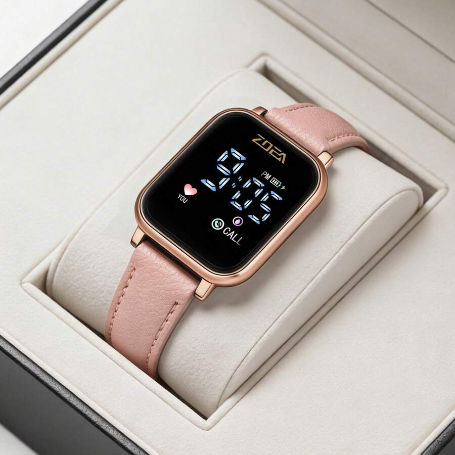 Reloj Inteligente ZOEA Versátil: Correa de Cuero Suave, Pantalla Digital, Resistente al Agua, Ideal para Citas, Deportes y Uso Diario, Larga Autonomía, Diseño Moderno para Hombres y Mujeres - Correa- rosa claro/Caja-Rosa dorado - Ver 1