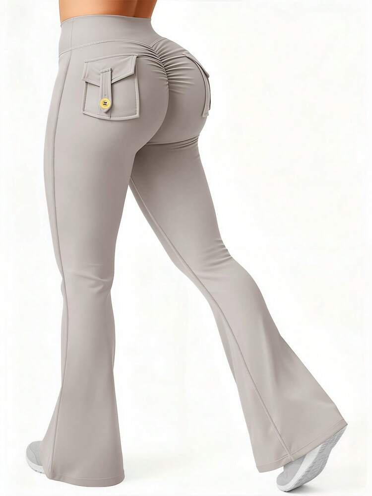 Leggings acampanados con bolsillos para mujer, leggings deportivos ajustados que levantan el trasero, pantalones de yoga y fitness, pantalones de chándal para mujer, color gris nublado, primavera - Gris Claro - Añade 10