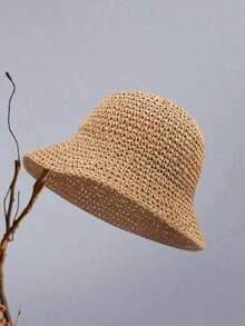 Classic Straw Braid Hat, Women's Beach Hat, Versatile Bucket Hat,, Spring/Summer - 卡其色 - 查看 2