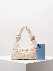 Floral Bohemian Style Summer Beach Bag, Essential For Travel And Cruise, Women's Vacation Outfit, Crochet Set, Elegant Ladies Wallet, Gift For Women (Pattern Random) - Apricot - View 3